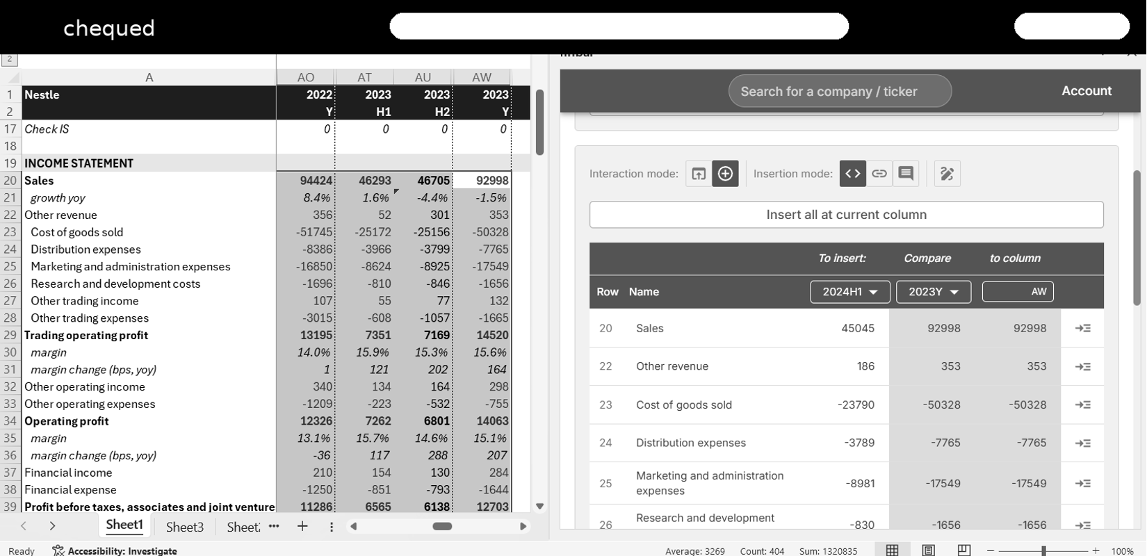 Chequed Excel Plugin showing Nestle financial data analysis